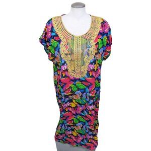 Kaftan Maxi Dress Boho Print One Size Vibrant Multicolor Butterfly Gold Accent